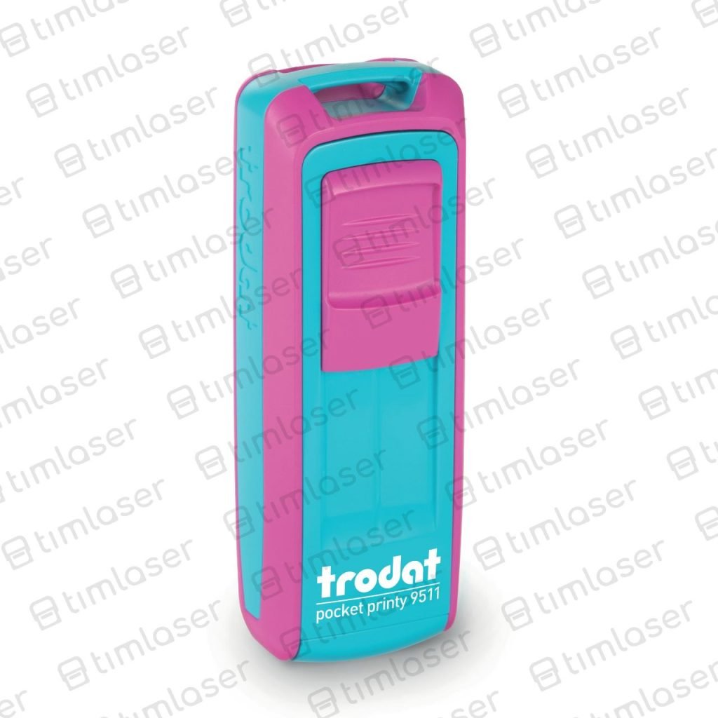 Timbre de bolsillo Trodat Pocket Printy 9511 color turquesa con rosa fucsia