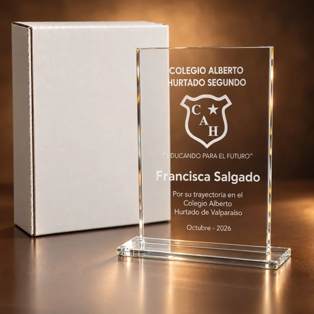 Galvano de cristal rectangular de 13 × 20 cm grabado con logo de colegio y nombre, junto a su caja